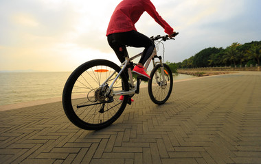 Fototapeta premium healthy lifestyle young woman riding bike on seaside