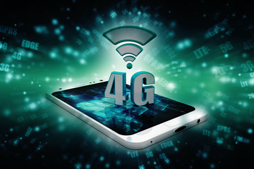 Mobile telecommunication cellular high speed data connection business concept: blue metallic 4G LTE wireless communication technology logo, symbol, icon or button isolated on white background