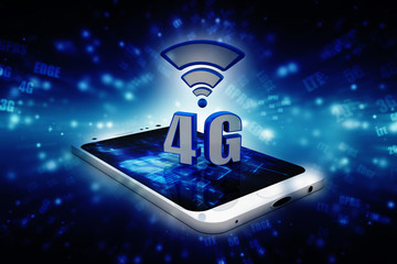 Mobile telecommunication cellular high speed data connection business concept: blue metallic 4G LTE wireless communication technology logo, symbol, icon or button isolated on white background