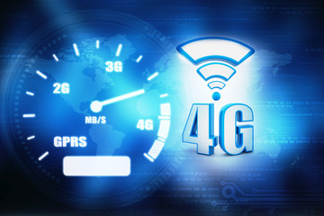 Mobile telecommunication cellular high speed data connection business concept: blue metallic 4G LTE wireless communication technology logo, symbol, icon or button isolated on white background