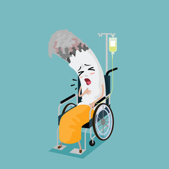 Cigarette cartoon being sick and sitting in a wheelchair. vector