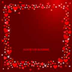 Abstract love background for your Valentines Day greeting card design. Red Hearts frame isolated on dark wine background. Vector illustration