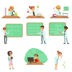 Kids In Lab Coats Doing Science Research Dreaming Of Becoming Professional Scientists In The Future Set Of Cartoon Characters