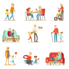 Grandfather And Grandmother Spending Time Playing With Grandchildren, Small Boys And Girls With Their Grandparents Set Of Collection