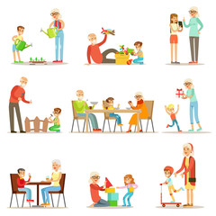 Grandfather And Grandmother Spending Time Playing With Grandkids, Small Boys And Girls With Their Grandparents Vector Collection
