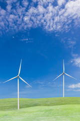 Obraz premium Wind turbines on grass field and blue sky