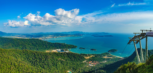 Panoramic view of blue sky, sea and mountain seen from Cable Car viewpoint, Langkawi Island, Malaysia.