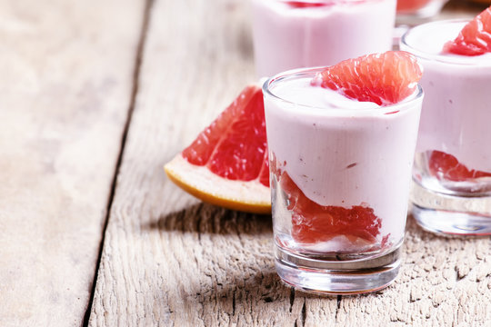 Grapefruit yogurt, selective focus