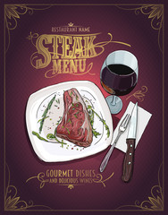Steak menu design with hand drawn graphic illustration of a fillet mignon steak
