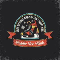 Naklejka premium Retro logo ice skating rink with skate and vintage ribbon. Layered vector illustration - grunge texture, text, background separately and can be easily disabled.