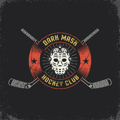 Naklejka premium Hockey logo with retro goalie mask and crossed sticks. Layered vector illustration - grunge texture, text, background separately and can be easily disabled.