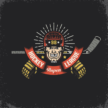 Head of of a hockey player with a stick, ribbon and gloves - retro logo. Layered vector illustration - grunge texture, text, background separately and can be easily disabled.