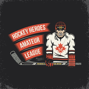 Ice hockey player with stick, puck and ribbon with inscription - vintage emblem. Layered vector illustration - grunge texture, text, background separately and can be easily disabled.
