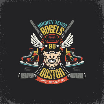Vintage logo for hockey team with player head, crossed sticks, skates and puck. Layered vector illustration - grunge texture, text, background separately and can be easily disabled.