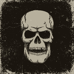 Hand-drawn vintage retro skull on a dark background with worn textures. Vector layered illustration.