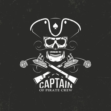 Pirate emblem captain skull in cocked hat and crossed pistols on a black backdrop. Grunge texture and background on separate layers.