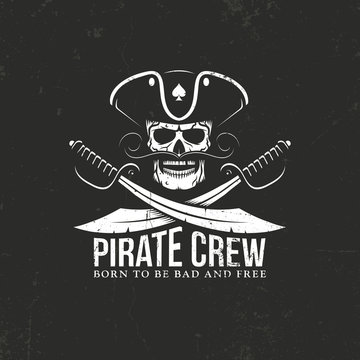 Pirates crew logo. Jolly Roger - skull with crossed sabers on a black background. Grunge texture on separate layers and can be easily disabled.