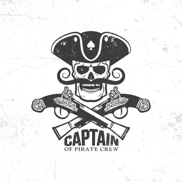 Pirate skull with mustache and crossed old pistols - vintage logo, tattoo. Grunge texture and background on separate layers.