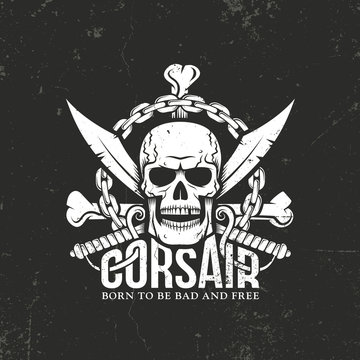 Pirate emblem in retro style - skull, bones and sabers on a black background. Grunge texture on separate layers and can be disabled.