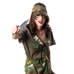 Military girl holding a knife