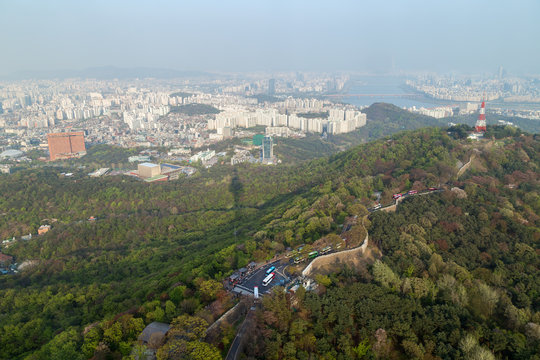 View of the Namsan Hill and city in Seoul, South Korea from above.