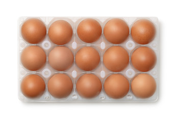 Top view of plastic egg carton with 15 eggs