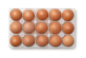 Foto op Canvas Top view of plastic egg carton with 15 eggs © Coprid