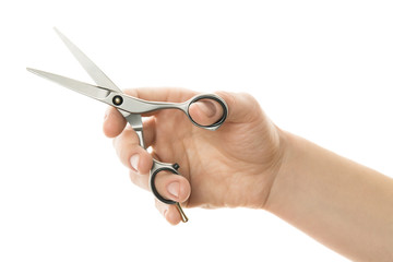hairdresser holding thinning scissors shear in hand isolated on white background.