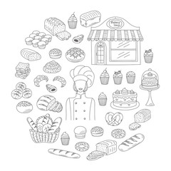 Bakery collection doodle style vector illustrations isolated on white