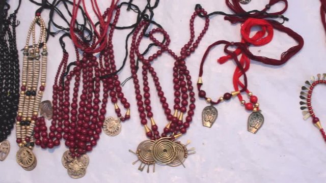 Necklaces, handicrafts on display during the Handicraft Fair in Kolkata , earlier Calcutta, West Bengal, India. It is the biggest handicrafts fair in Asia.