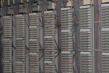 telephone patch panel in datacenter server room, a plurality of