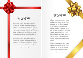 Beautiful card templates with white background and cute gradient gold and red ribbons. Text and bow. Vector card template.