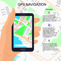 Location illustration on smartphone screen with pin points on map. Smartphone in a hand. Vector illustration