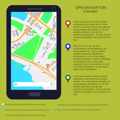 Location illustration on smartphone screen with pin points on map. Vector illustration