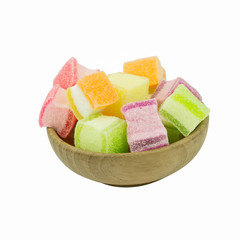 marshmallow with gelatin dessert in bowl wood isolated on white