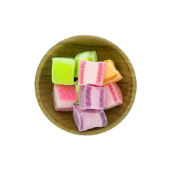 marshmallow with gelatin dessert in bowl wood isolated on white