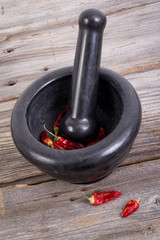 dried hot pepper with pestle and mortar