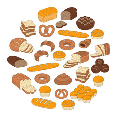 Bakery fresh bread collection doodle style vector illustration.