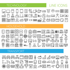 Vector illustration of thin line icons for technology household transport