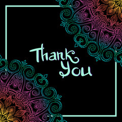 Vector oriental mandala with place for text in the middle, hand-drawn mandala square frame, Islam, Arabic, Indian motifs, Thank You lettering, EPS 10