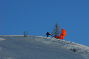 Sciatore che libera l'aquilone per fare snowkite da un larice su cui si è ingarbugliato, sulle montagne innevate, Passo del sempione, Svizzera