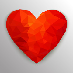 Red heart. Happy Valentine's Day greeting card. Geometric rumpled triangular polygonal origami style. Low poly design. Vector illustration on white background.