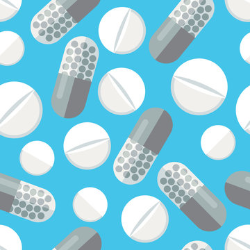Pharmacology seamless pattern. Medical pills continuous wrapping background. Stylized medication tablets texture. Health care vector illustration in EPS8 format.