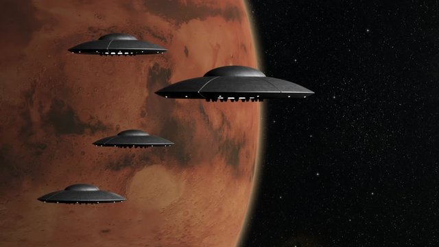 3d rendered animation of flying saucers on stars background and planet Mars