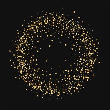 Gold confetti. Circle frame on black background. Vector illustration.