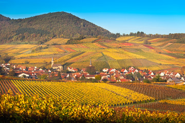 Village with vineyards at autumn, Pfalz, Germany - obrazy, fototapety, plakaty