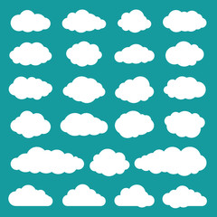 Cloud collection of twenty three flat icons. Set of cloudlet silhouette symbols. White sky clouds isolated on turquoise or greenish blue background. Vector illustration in EPS8 format.
