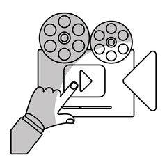 old movie film camera with video player icon over white background. entertainment and technology design. vector illustration
