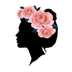 Beautiful Woman silhouette with wreath of gorgeous pink roses on her head. Black face profile on a white background in vector