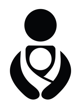 Vector Black and White Babywearing Symbol With Parent Carrying Baby In a Sling. Icon Style.